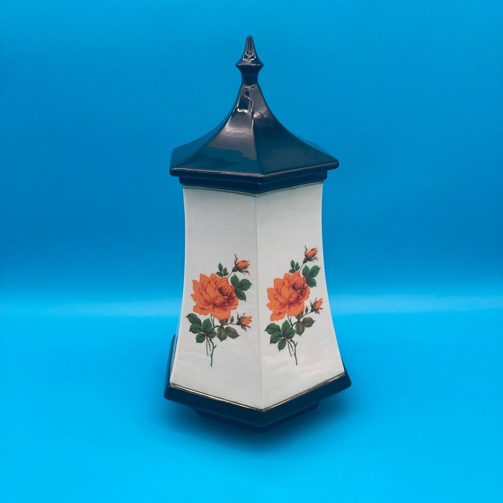Vintage Hexagonal Ceramic Cookie Jar Pagoda Lid Orange Rose Biscuit Barrel 70s